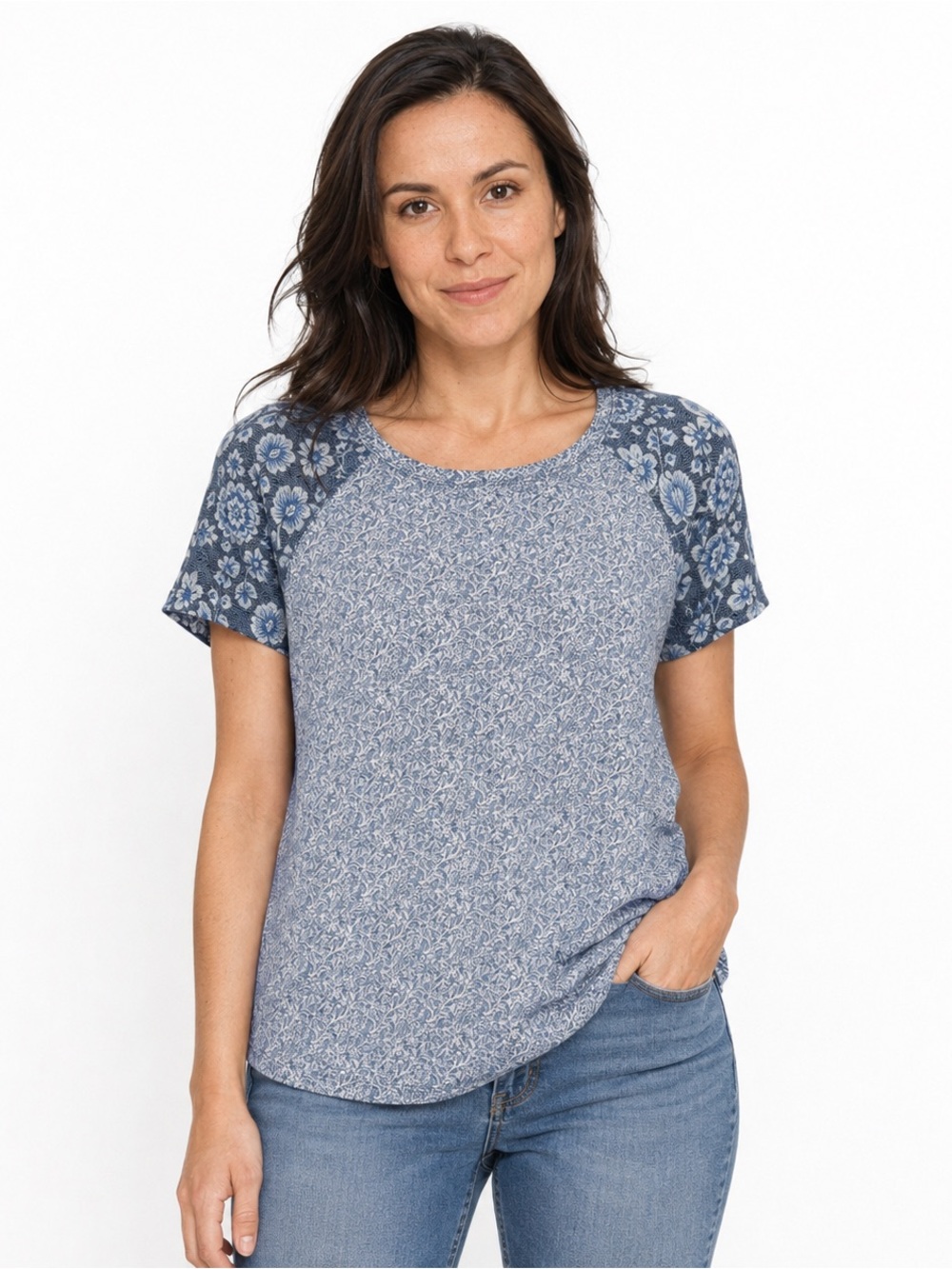 Lucky Brand Blue Floral Mixed-Print Zip-Back T-Shirt short sleeve Women’s XS